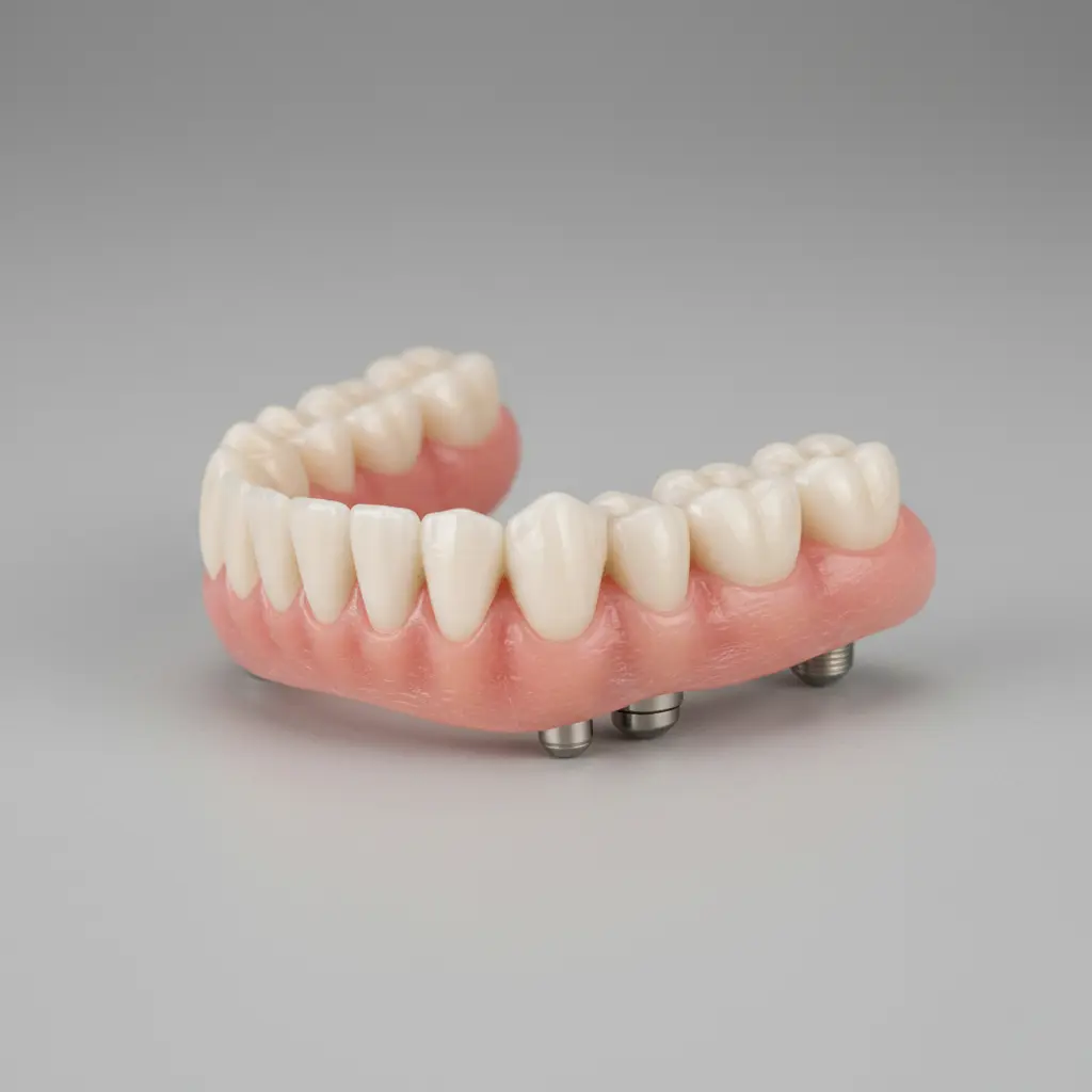 An implant-supported denture with metal implant attachment points on the underside