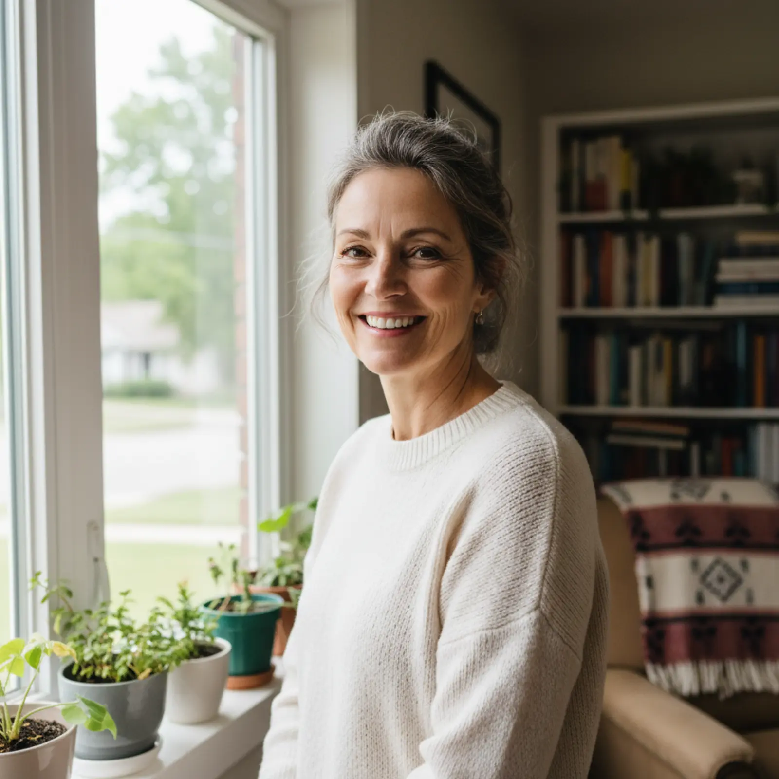 A woman smiling confidently with new dentures