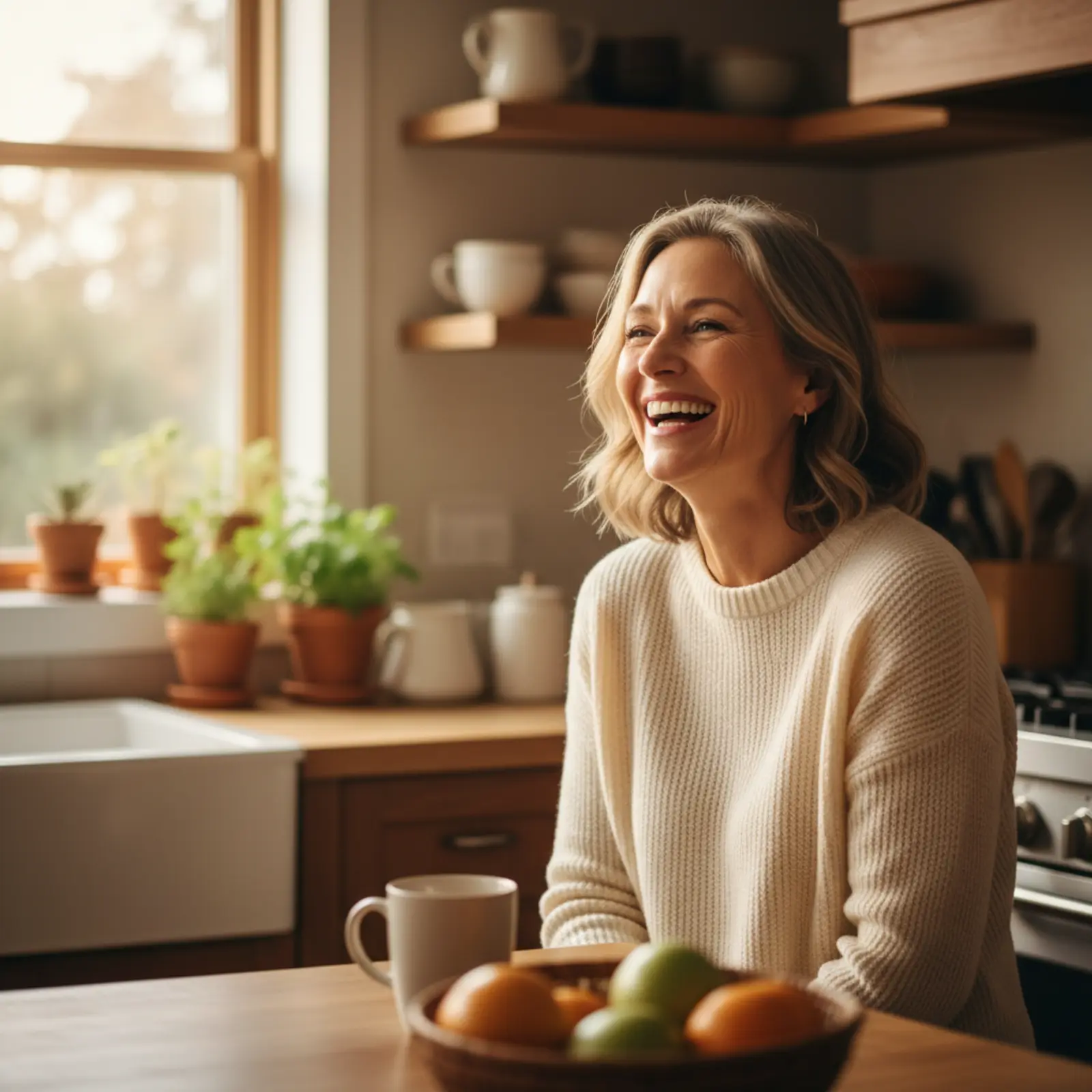 A cheerful woman laughing with healthy teeth